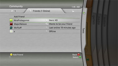Xbox Live friends list blade on Xbox 360